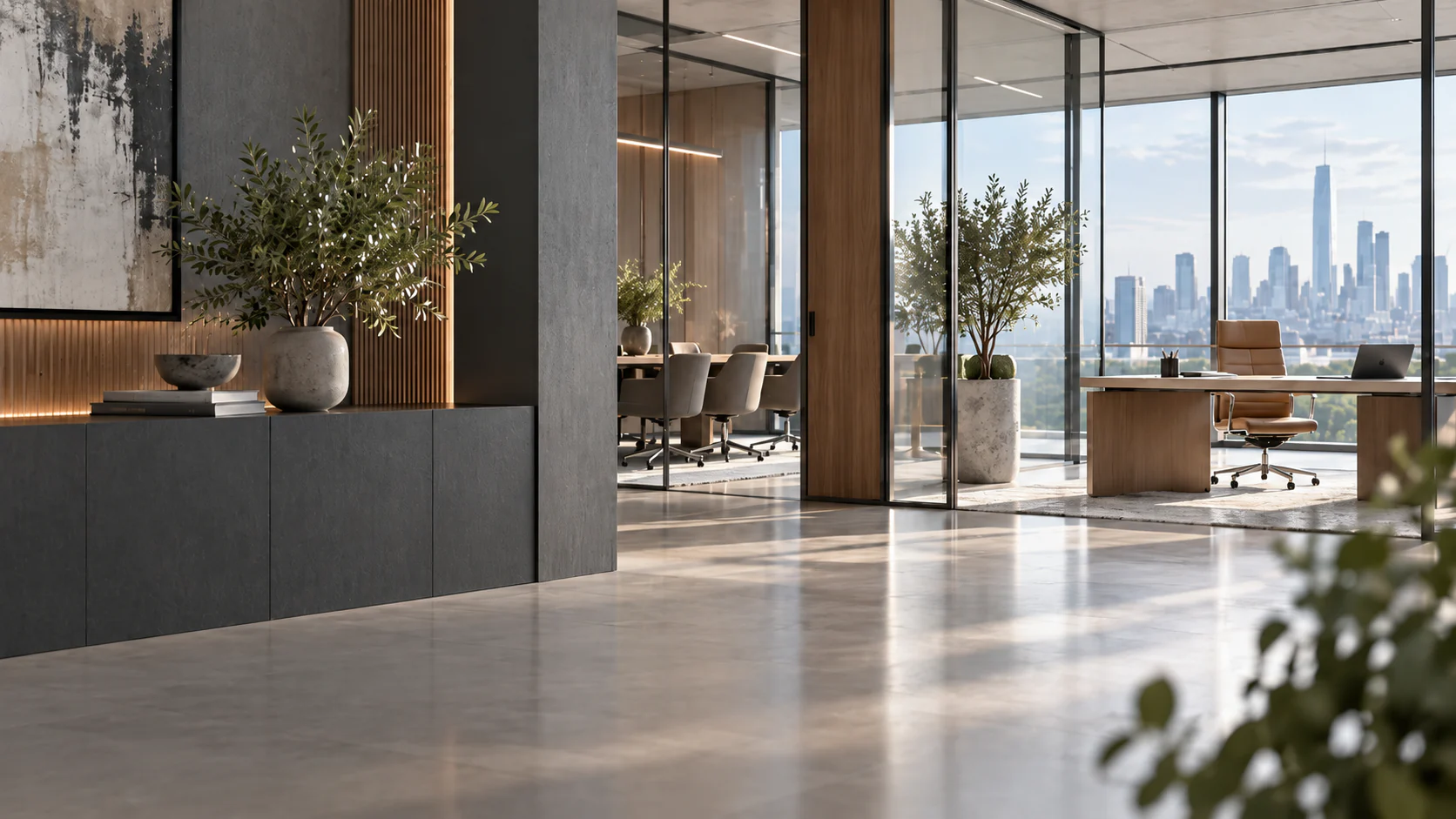 Bureaux contemporains sans occupants, ouverts sur un couloir lumineux
